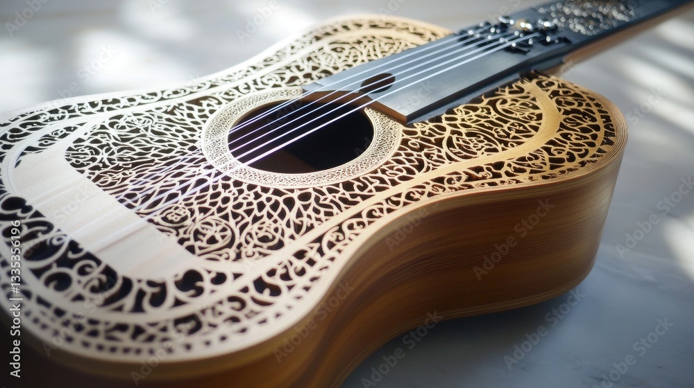 Obraz premium Intricate Wooden Acoustic Guitar with Filigree Design and Detailed Inlays on Surface Perfect for Music Lovers and Art Enthusiasts