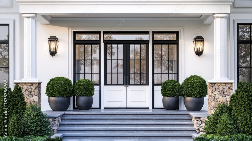 A clean and modern house with a white front door framed by black double doors with glass windows A clean and modern house with a white front door framed by black double doors with glass windows