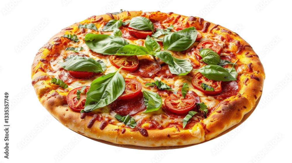 Delicious pepperoni pizza with tomatoes, basil, and melted cheese on transparent background Delicious pepperoni pizza with tomatoes, basil, and melted cheese on transparent background