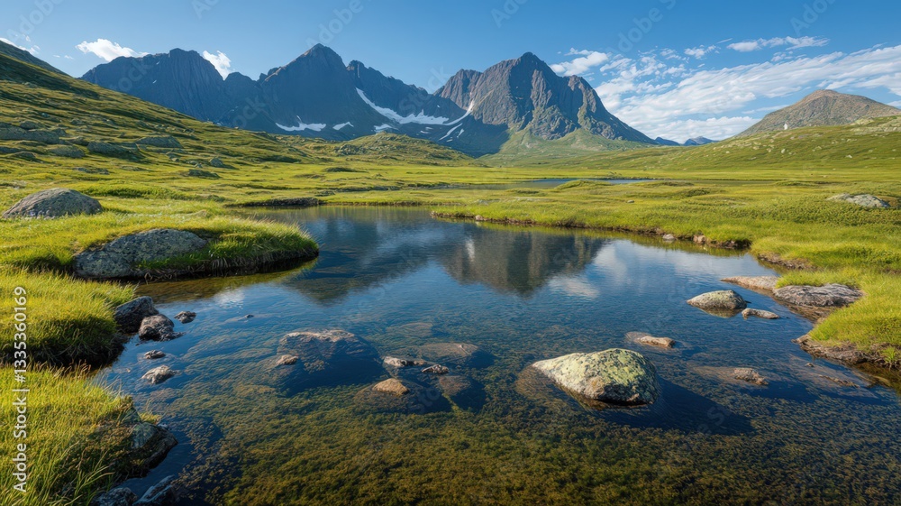 Obraz premium Serene Mountain Lake Reflection in Summer Landscape