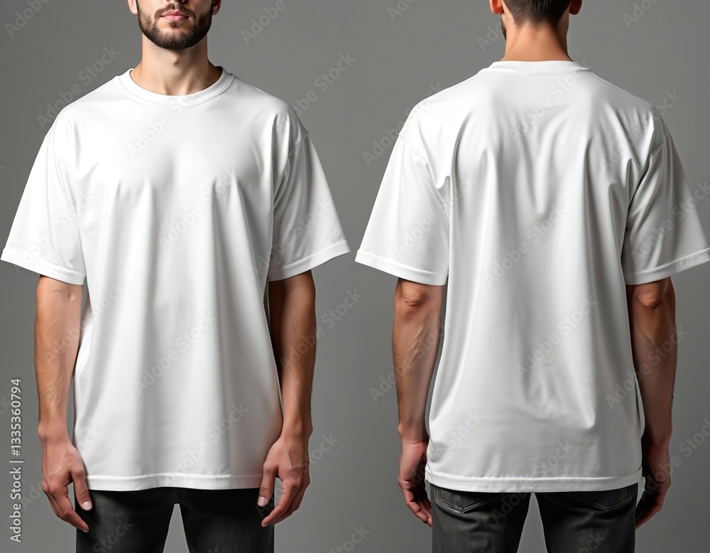 Front, back view of oversized white T-shirt on model. Basic casual unisex clothing for apparel branding layout. Plain cotton garment design template with loose fit. Wearable urban style for Front, back view of oversized white T-shirt on model. Basic casual unisex clothing for apparel branding layout. Plain cotton garment design template with loose fit. Wearable urban style for