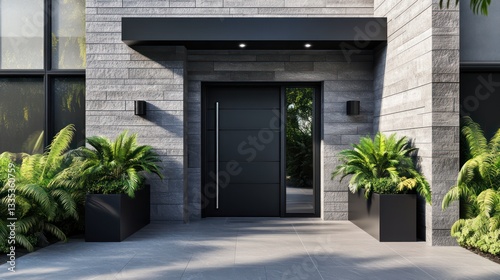 A contemporary house with a front entrance featuring bold black aluminum door frames and textured gray stone walls