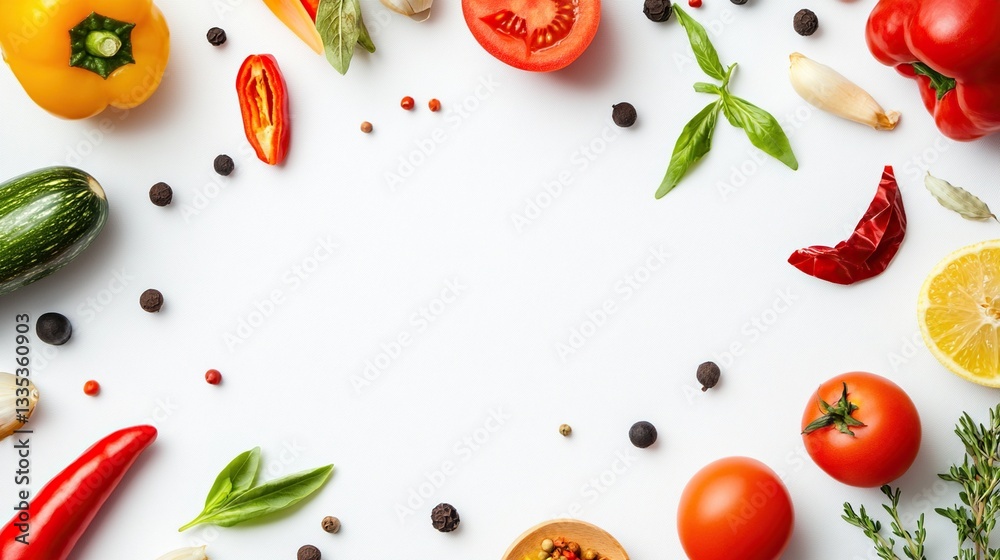 Vibrant vegetables and spices frame a white background.