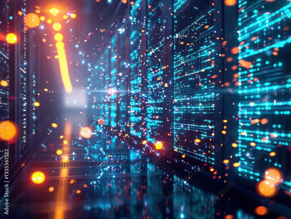 Fototapeta premium Glowing particles flow into a massive, bright data storage device within a dark, digital space abstract data backup visualization.