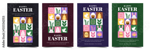 Set of Happy Easter Day banner with flat Easter ornament decoration illustration. Vector design, with place for the text. Usable for cover, greeting card, social media post, poster.