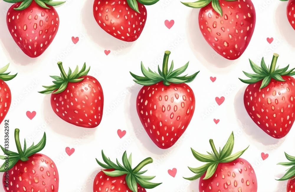 Strawberry pattern with red, pink berries, green leaves, small hearts. Seamless design ideal for cute decorations, summer backdrops, wallpaper, wrapping paper, fabric prints, product packaging, food Strawberry pattern with red, pink berries, green leaves, small hearts. Seamless design ideal for cute decorations, summer backdrops, wallpaper, wrapping paper, fabric prints, product packaging, food