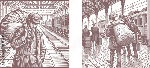 old color Set A Porter Carrying a Sack on His Shoulder at the Railway Station - Detailed Linocut Engraving Art Print old theme