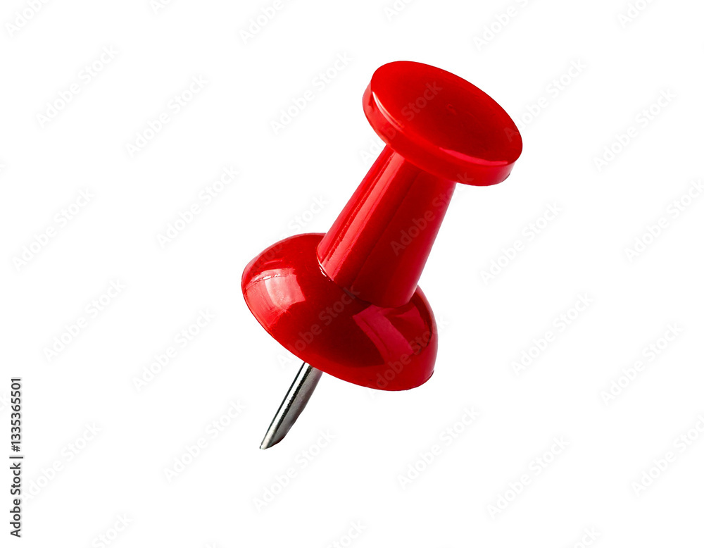 Highly realistic red push pin with a sharp metal tip designed for marking locations or pinning notes on white surfaces, isolated on a clean background. This photo can be used for business presentation Highly realistic red push pin with a sharp metal tip designed for marking locations or pinning notes on white surfaces, isolated on a clean background. This photo can be used for business presentation