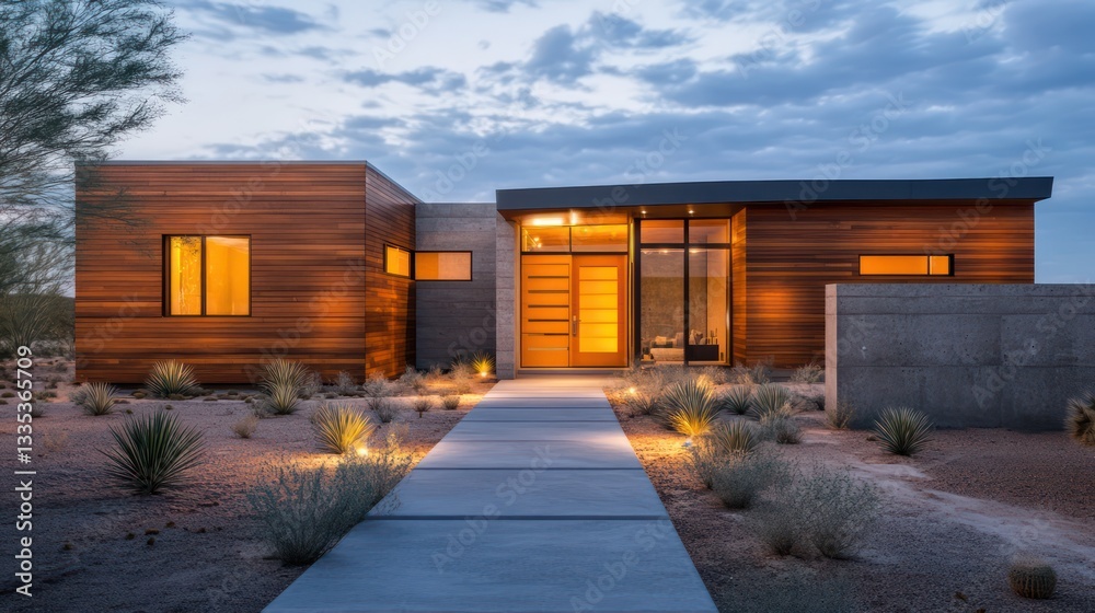 A desert home with modern wood cladding and concrete walls, featuring a large front door and a concrete walkway leading up to it