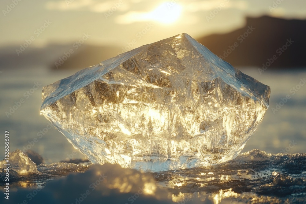 Obraz premium Large ice crystal sits on frozen ground. Sunlight reflects through clear structure. Landscape and bright light in background create peaceful scene.