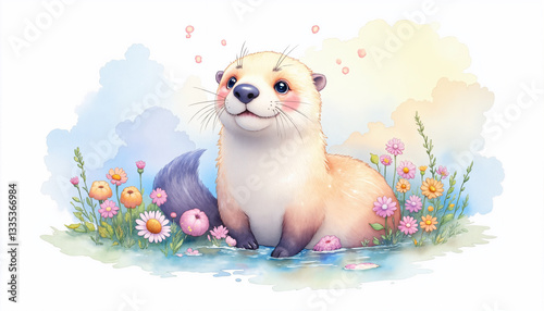 A cute otter is sitting in a field of flowers