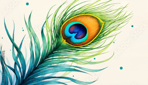 A peacock feather is drawn in blue and green