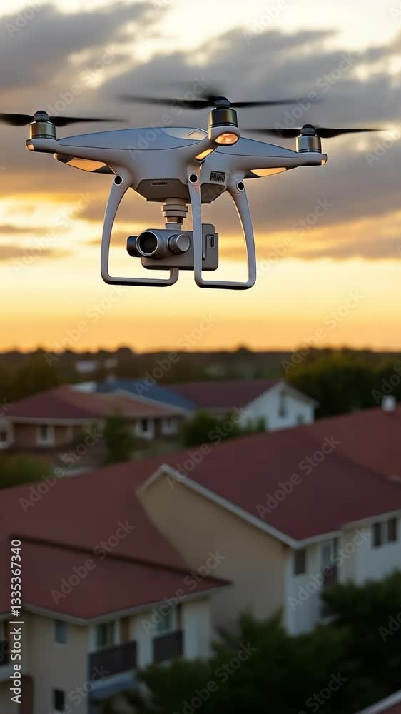 Drone captures breathtaking sunset views over suburban rooftops in a tranquil evening sky Drone captures breathtaking sunset views over suburban rooftops in a tranquil evening sky