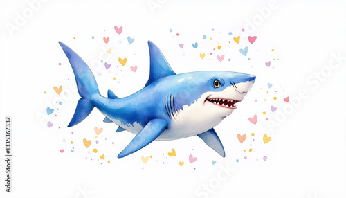 A blue shark with a mouth open and surrounded by hearts