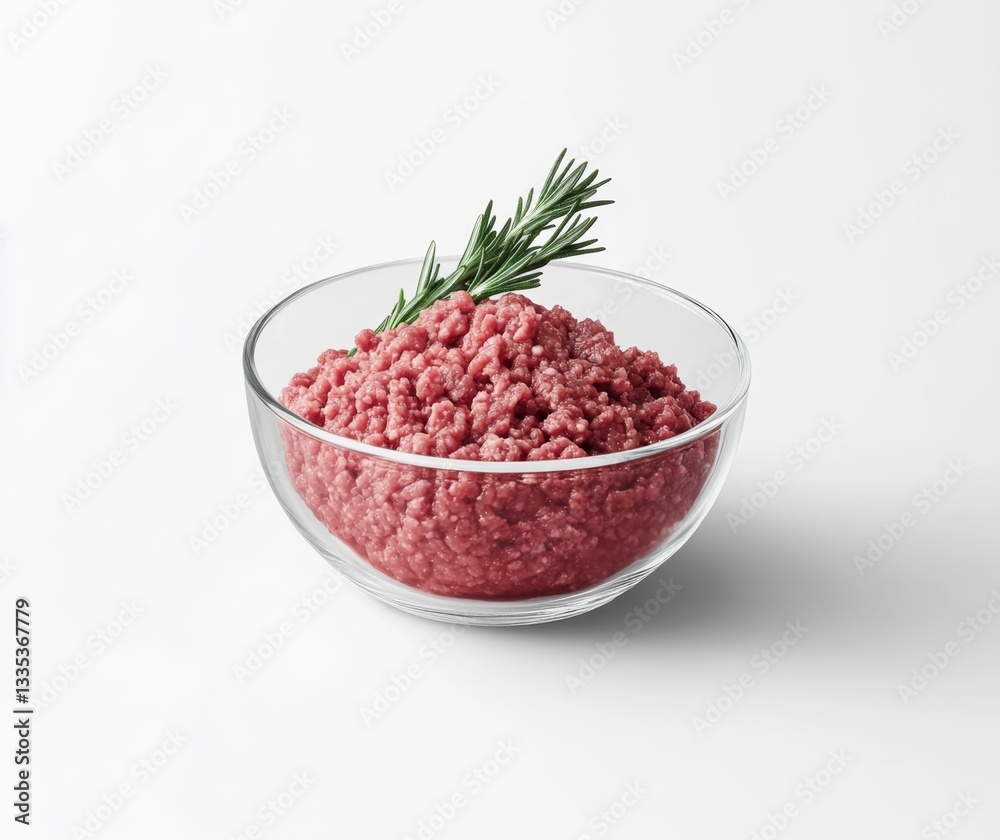 Ground beef in glass bowl with rosemary Ground beef in glass bowl with rosemary