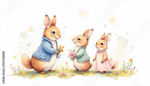 A cartoon of three rabbits, one of which is holding a flower