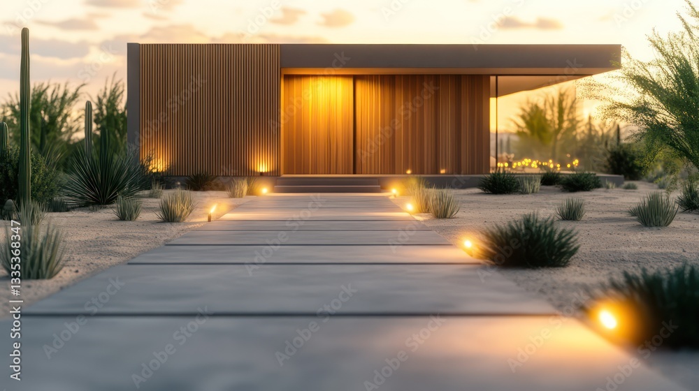 Fototapeta premium A front view of a minimalist modern house in the desert with a wooden facade