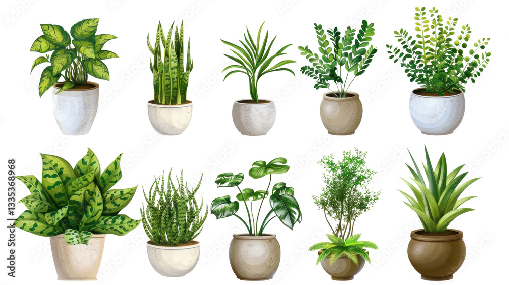 Fototapeta premium Ten potted plants growing on transparent background
