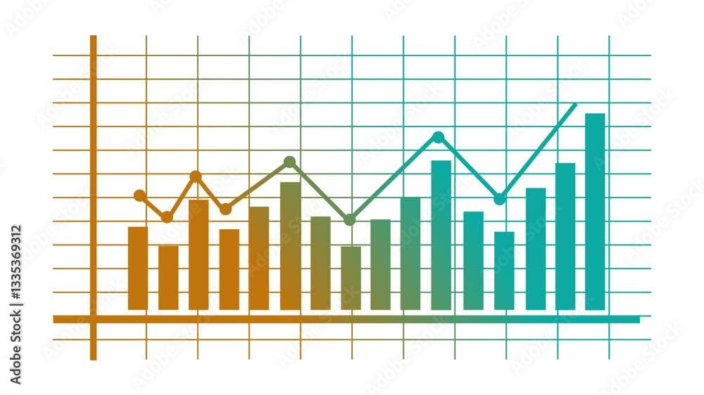 Positive Bar Chart with Line Graph Overlay, Growing business bar chart with a line graph overlay animation on a grid background Positive Bar Chart with Line Graph Overlay, Growing business bar chart with a line graph overlay animation on a grid background