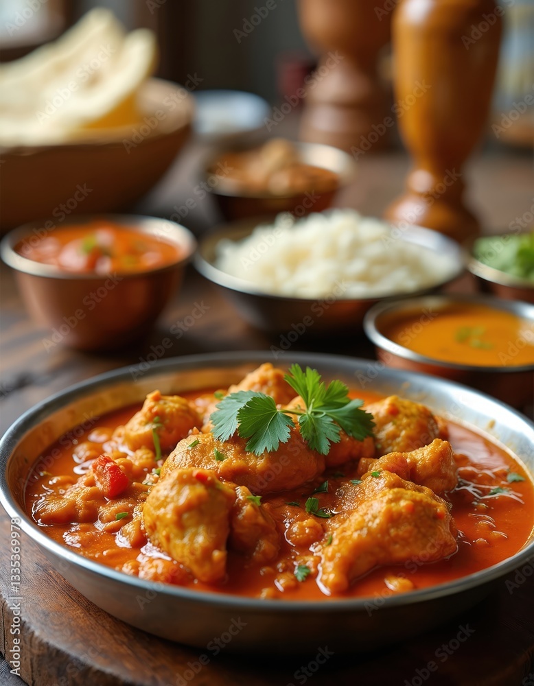 Delicious chicken curry served in silver bowl garnished with cilantro. Rice and bread are at background. Traditional indian cuisine dish for lunch, dinner at eatery. Hot spicey meal with tomato sauce. Delicious chicken curry served in silver bowl garnished with cilantro. Rice and bread are at background. Traditional indian cuisine dish for lunch, dinner at eatery. Hot spicey meal with tomato sauce.