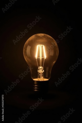 Glowing incandescent bulb, stark black backdrop, black, vintage