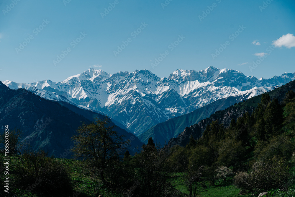 Exquisite view of mountainous landscape in Kyrgyzstan with snow-capped peaks under a clear blue sky Exquisite view of mountainous landscape in Kyrgyzstan with snow-capped peaks under a clear blue sky