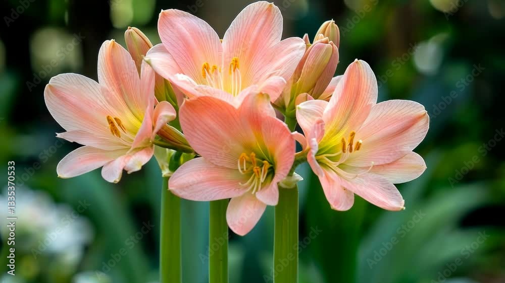Blooming pink amaryllis flowers in a lush garden setting during sunny spring season