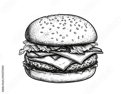  Black and white simple hand drawn big hamburger isolated on white background.