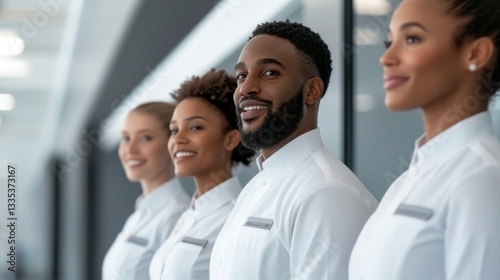 Airline crew discussing flight schedules inside a high-tech airport lounge, teamwork concept