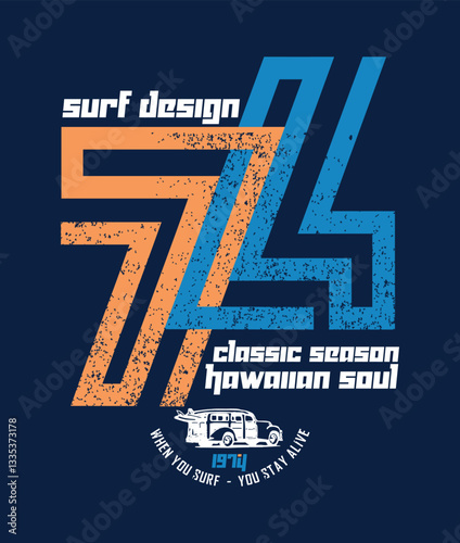 Colorful vector illustration of numbers and text alluding to the surf with surfer car silhouette.