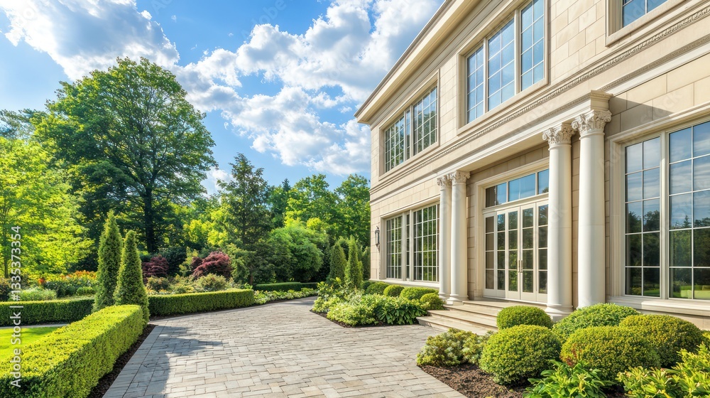 Naklejka premium A luxurious villa in a neo-classical style with beige stone and large windows