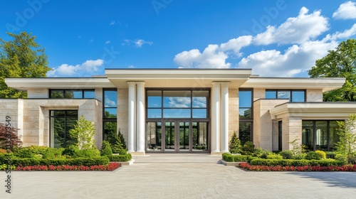 A luxurious modern villa with beige stone exterior and large glass windows  showcasing neo-classical architecture