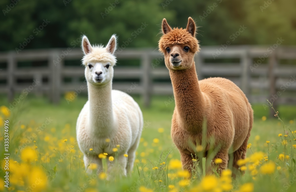 Two cute alpacas standing on meadow with flowers. White and brown alpacas look at camera. Domesticated animals graze in pasture near farm. Mammals bred for wool farming. Two cute alpacas standing on meadow with flowers. White and brown alpacas look at camera. Domesticated animals graze in pasture near farm. Mammals bred for wool farming.