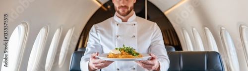 Elegant first-class aircrew serving gourmet meals, private jet interior, luxury lifestyle