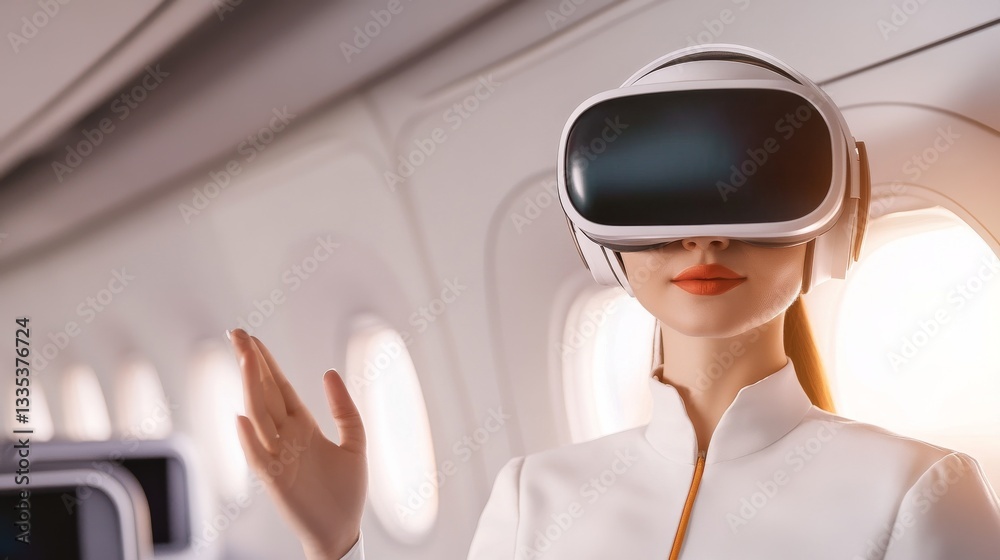 AI stewardess presenting a futuristic virtual reality entertainment system on a flight AI stewardess presenting a futuristic virtual reality entertainment system on a flight
