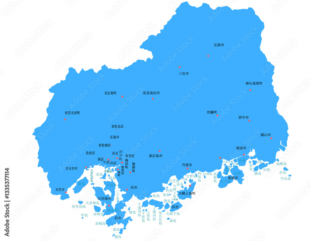 Obraz premium 広島県 地図 ブルー 斑点 イラスト