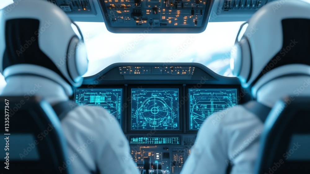 Conceptual futuristic aircrew with holographic navigation systems inside a spaceship
