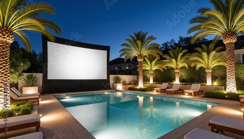 Mockup of luxury open air cinema by the pool with palm trees at night.