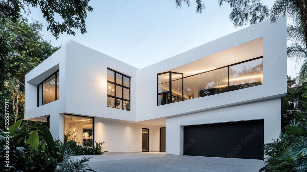 A minimalist modern house with white angular walls and large, expansive windows A minimalist modern house with white angular walls and large, expansive windows