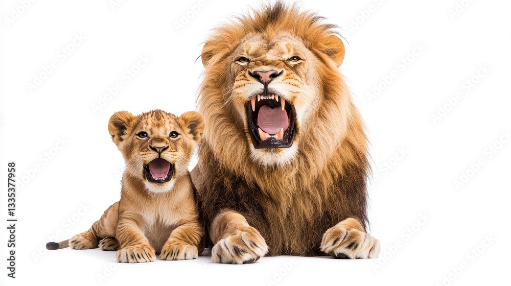 Obraz premium A fierce lion and its cub roar together, showcasing their powerful presence and bond in a striking display of strength and raw emotion.