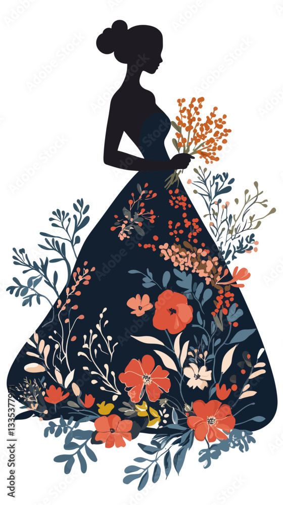 Fototapeta premium Elegant Woman Silhouette with Floral Dress Design in Minimalist Vector Art