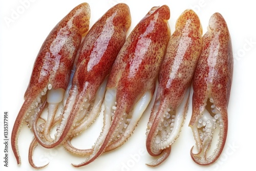 Single squid Fresh squid seen from above on a white backdrop photo