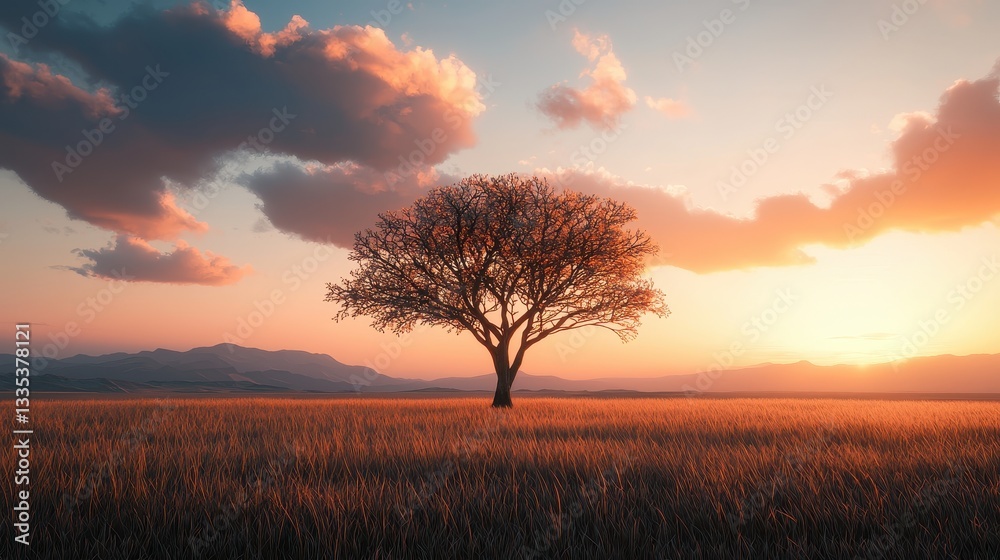 Fototapeta premium A solitary tree stands in a golden field during sunset, surrounded by soft clouds and distant mountains, creating a serene and picturesque landscape.