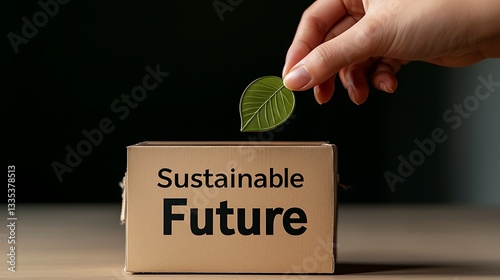 Hand placing leaf on a cardboard box for a sustainable future