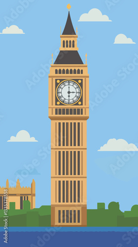 Flat Minimalist Vector Illustration of Big Ben Clock Tower Iconic London Landmark