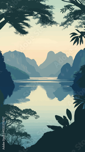 Art Deco Landscape of Khao Sok National Park Cheow Lan Lake in WPA Style