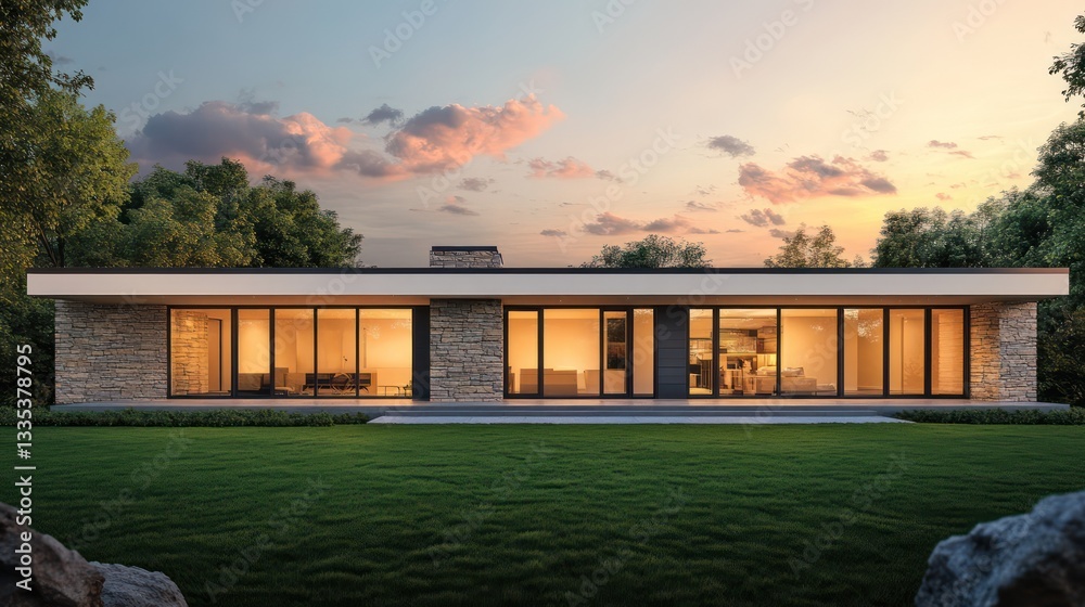 Fototapeta premium A minimalist single-story home with expansive windows and stone accents, sitting gracefully on a verdant landscape