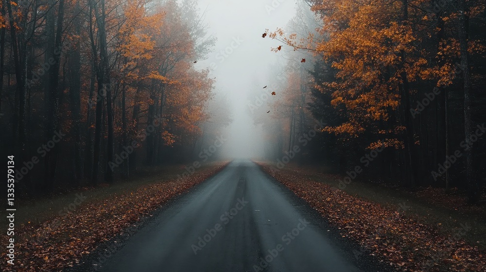 A foggy road lined with autumn trees, showcasing vibrant orange leaves against a misty backdrop, evoking a serene and mysterious atmosphere. A foggy road lined with autumn trees, showcasing vibrant orange leaves against a misty backdrop, evoking a serene and mysterious atmosphere.