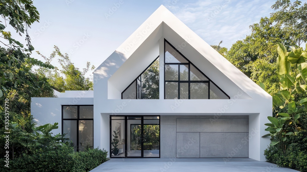 Fototapeta premium A minimalist white house with a geometric angular design, gray concrete walls, and black-framed windows