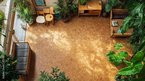 Topdown view of ecofriendly wellness space featuring cork flooring reclaimed wood furniture and vibrant greenery for a sustainable and refreshing vibe